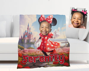 Personamized Face & Name Cartoon Mouse Cosplay Mini Castle Polka Dot Red Dress Blanket