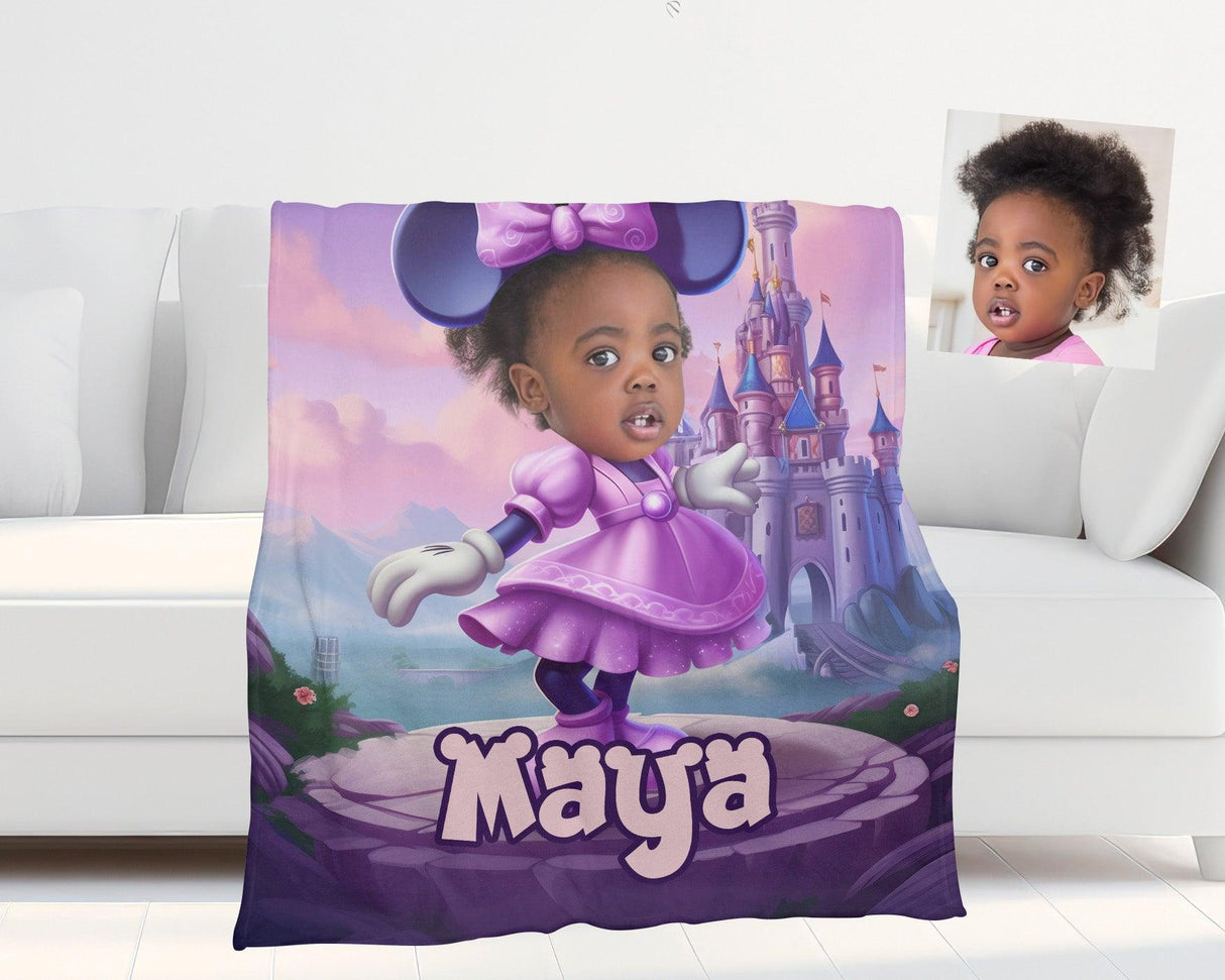 Personamized Face & Name Cartoon Mouse Cosplay Mini Castle Purple Dress Blanket