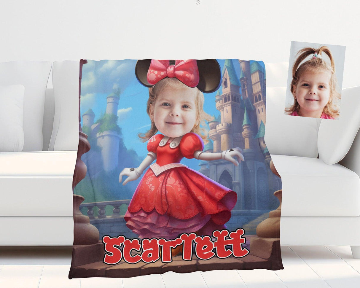 Personamized Face & Name Cartoon Mouse Cosplay Mini Castle Red Dress Blanket