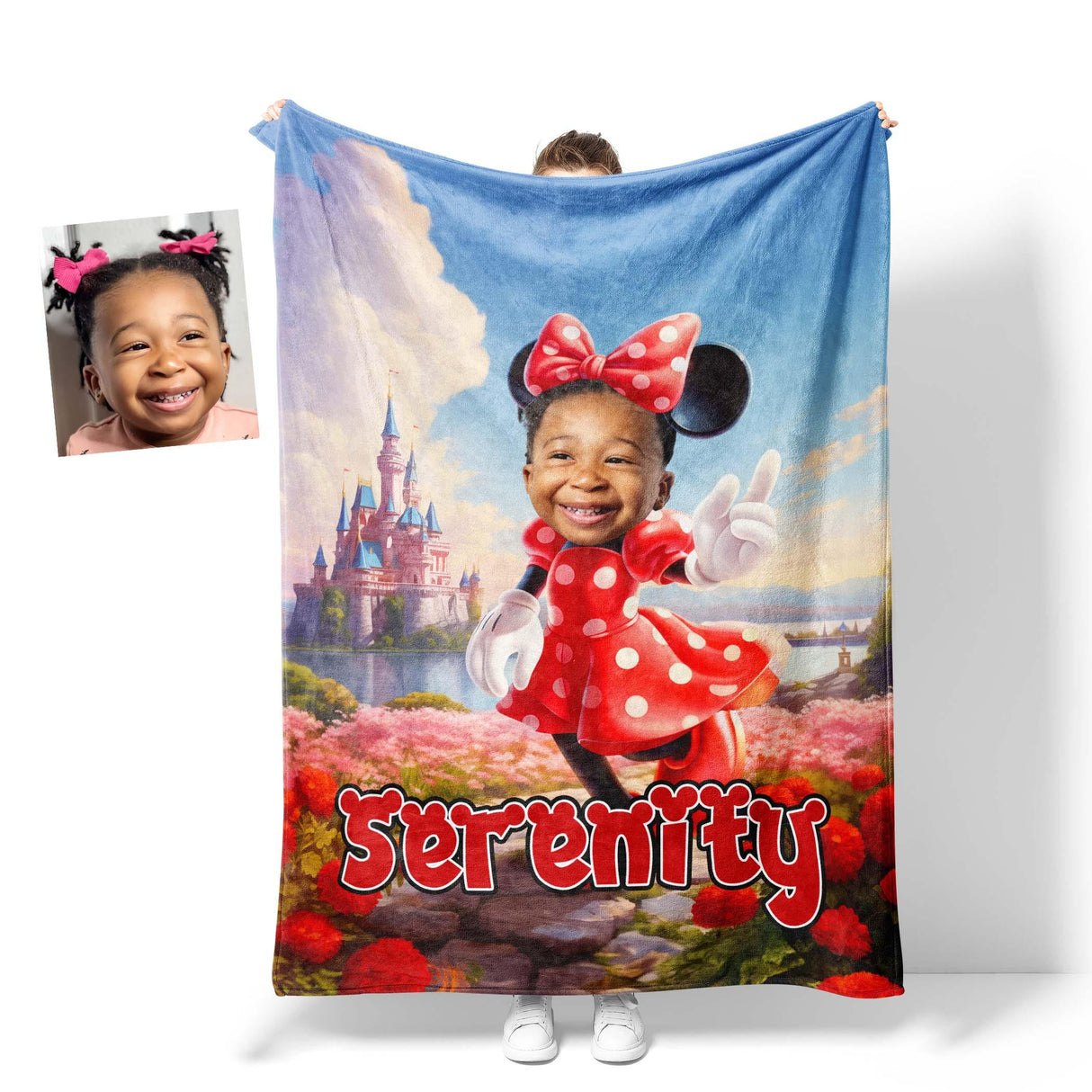 Personamized Face & Name Cartoon Mouse Cosplay Mini Castle Polka Dot Red Dress Blanket