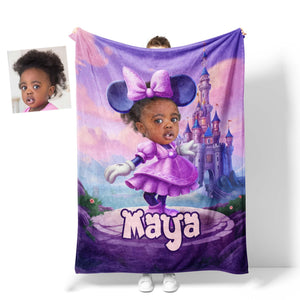 Personamized Face & Name Cartoon Mouse Cosplay Mini Castle Purple Dress Blanket