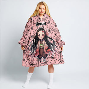 Personalized Snug Oversized Sherpa Wearable Nezuko Kamado - Demon Slayer Hoodie Blanket