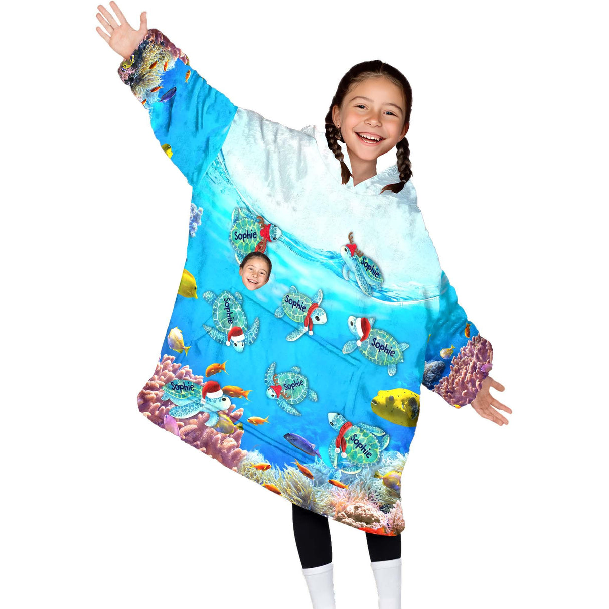 Personalized Christmas Turtle Snug Oversized Wearable Hoodie Blanket