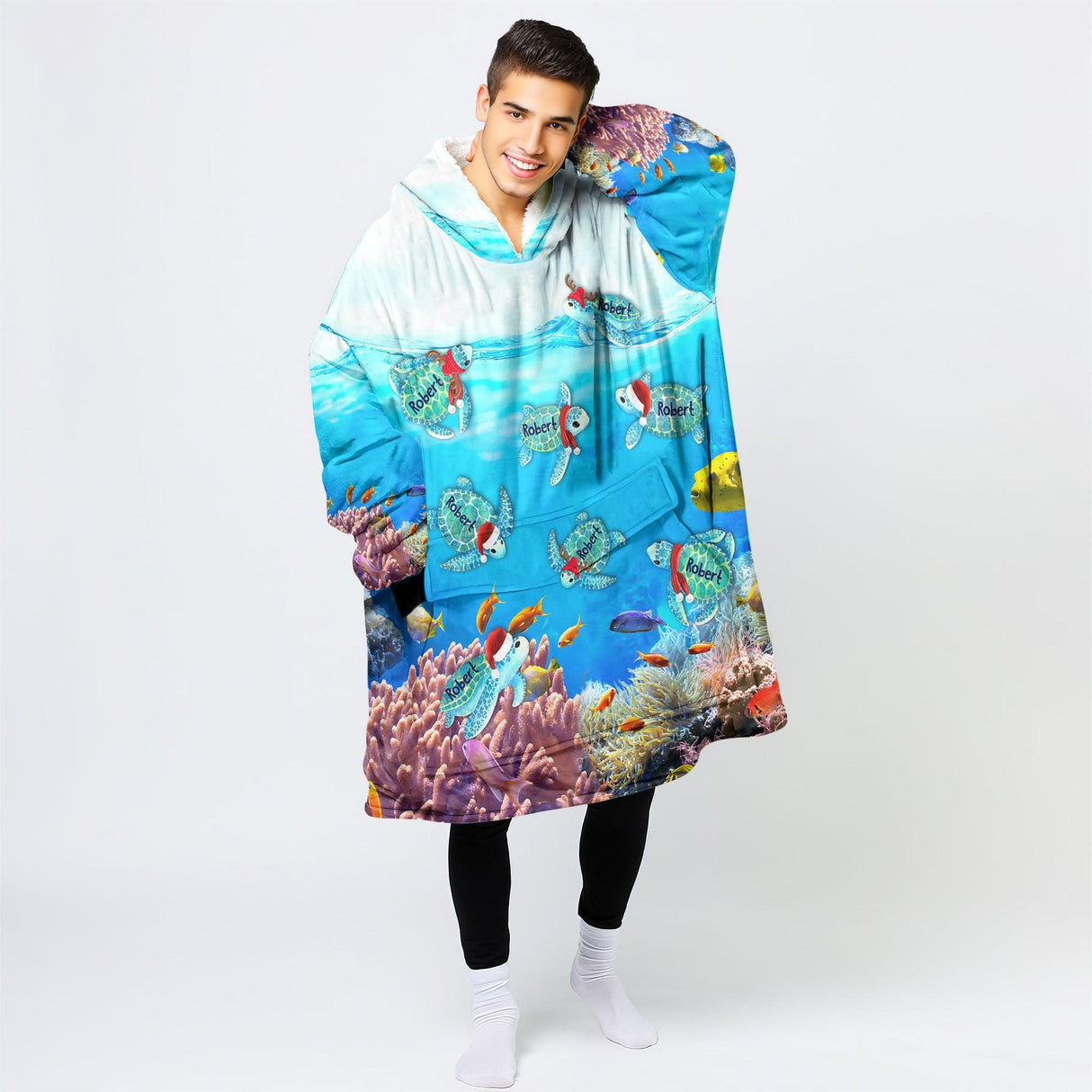 Personalized Christmas Turtle Snug Oversized Wearable Hoodie Blanket