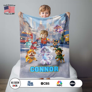 Personalized Face & Name Rescue Pet Patrol Boy Winter City Blanket Scene Blanket