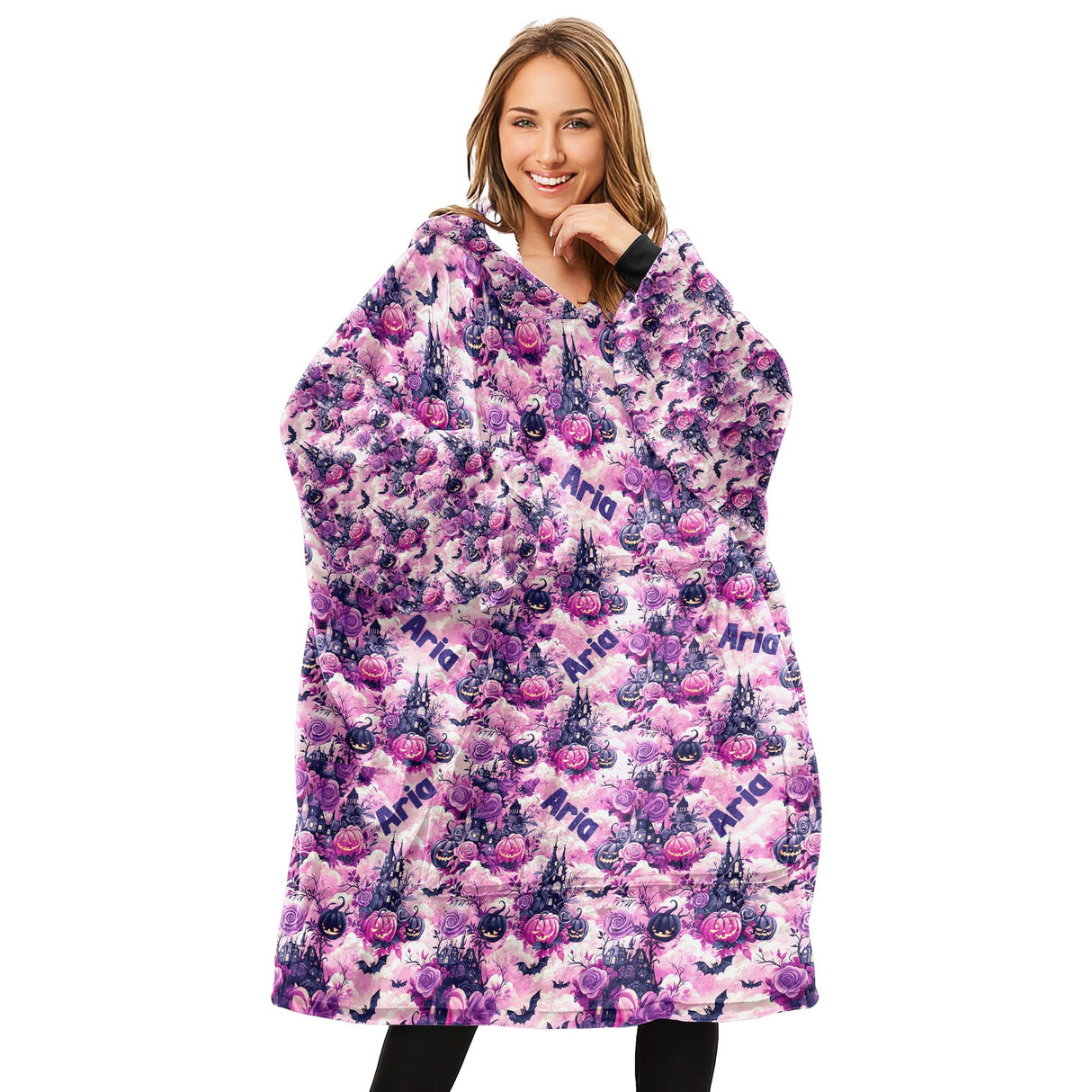 Personalized Floral Haunted House Snug Oversized Wearable Hoodie Blanket