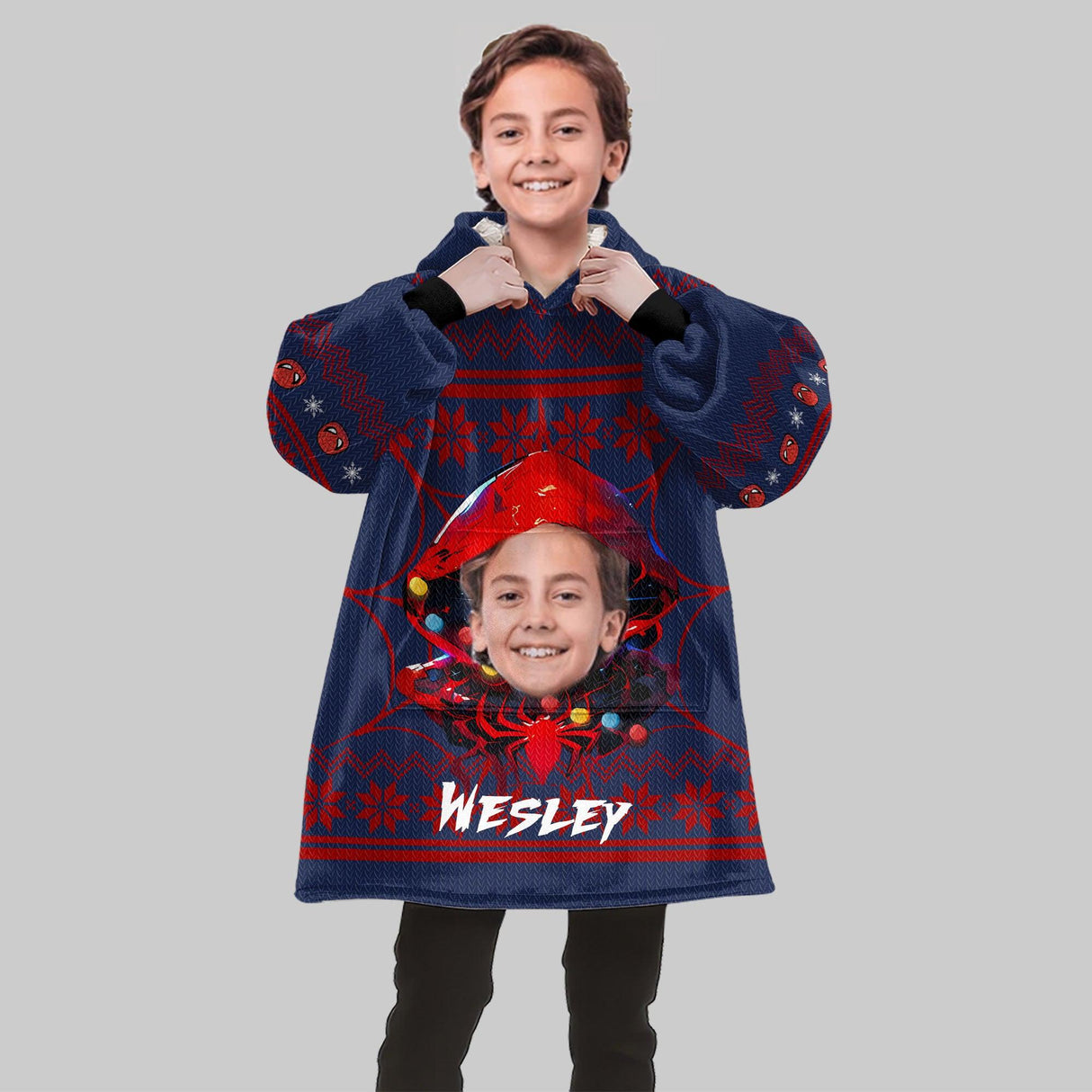 Personalized Face & Name Miles Morales Spider Boy Christmas Snug Oversized Wearable Hoodie Blanket - Amor Custom Gifts