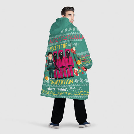 Personalized Face & Name Game Accept the Invitation Xmas Snug Oversized Wearable Hoodie Blanket