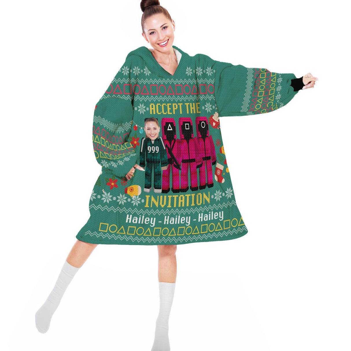 Personalized Face & Name Game Accept the Invitation Xmas Snug Oversized Wearable Hoodie Blanket