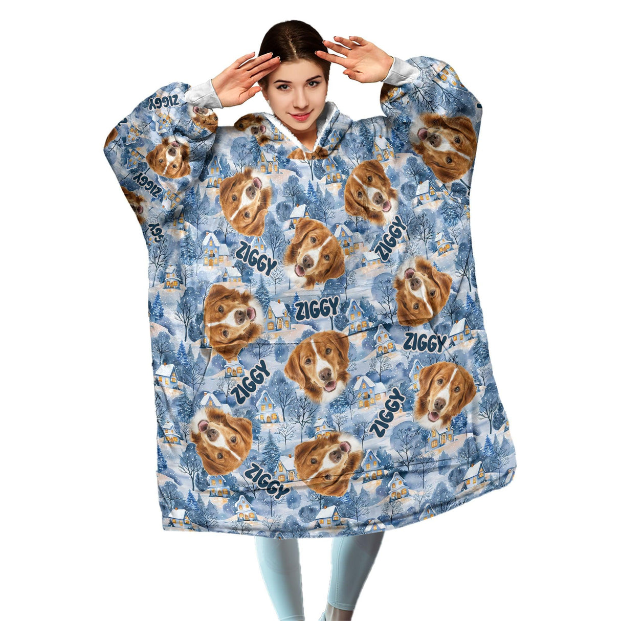 Personalized Face & Name Pet Dog Lovers Christmas Snug Oversized Wearable Hoodie Blanket