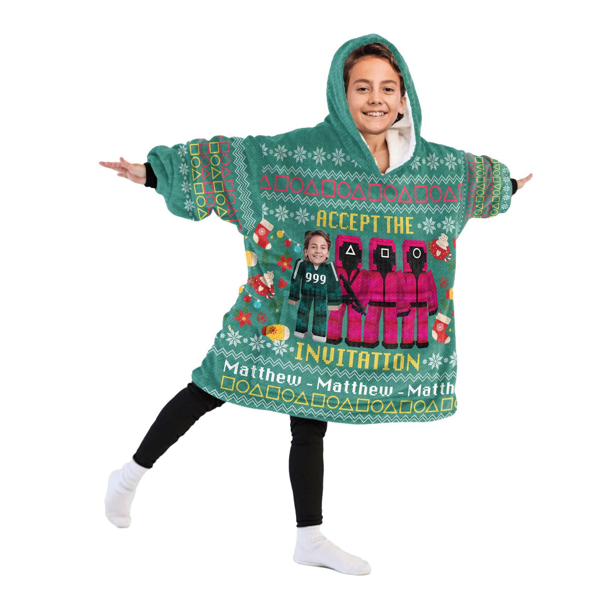 Personalized Face & Name Game Accept the Invitation Xmas Snug Oversized Wearable Hoodie Blanket