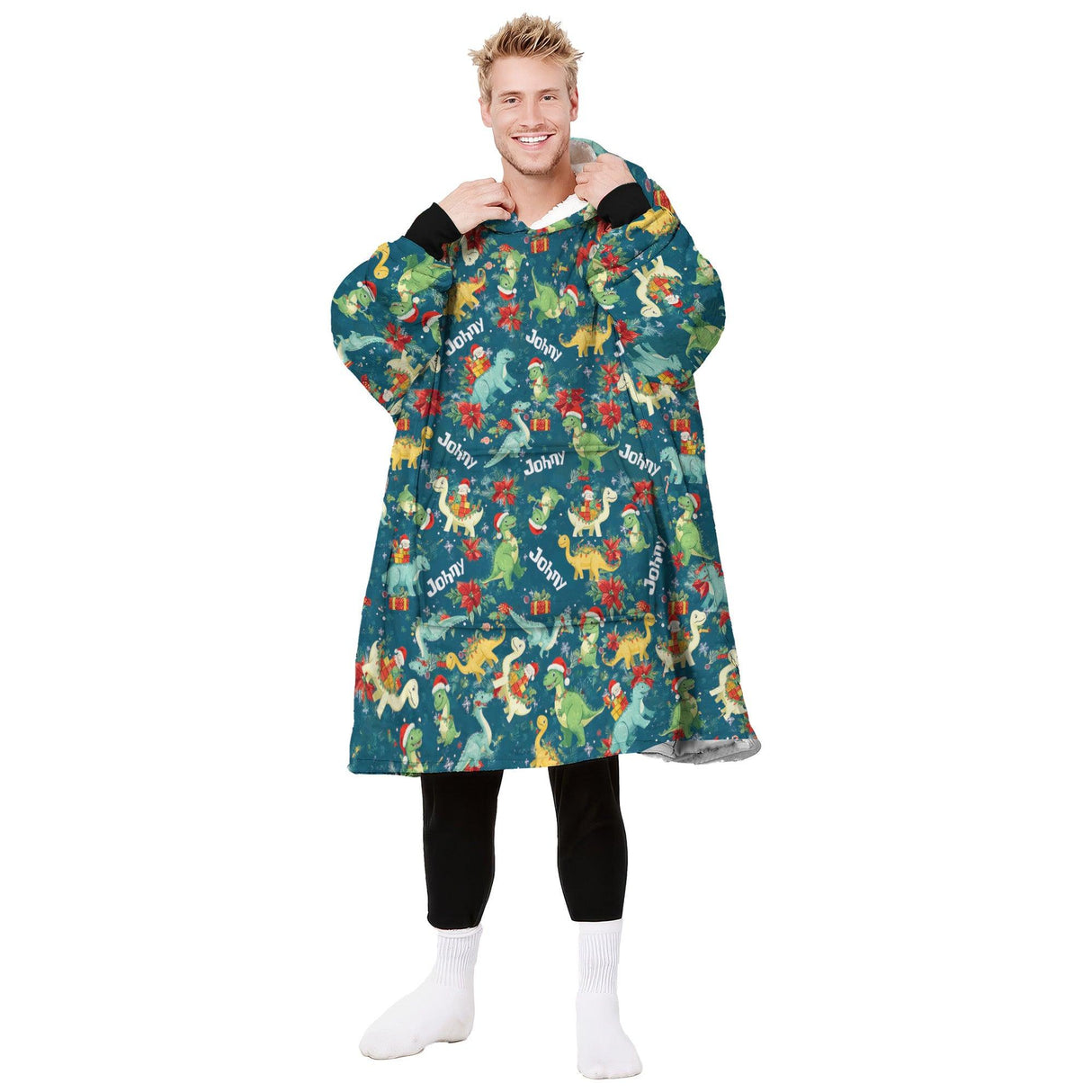 Personalized Christmas Dinosaur Snug Oversized Wearable Hoodie Blanket