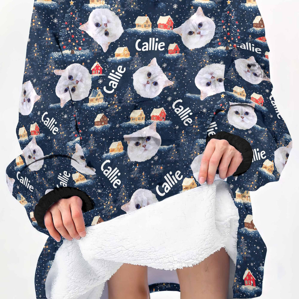 Personalized Face & Name Winter Whimsy Westies Cat Christmas Snug Oversized Wearable Hoodie Blanket