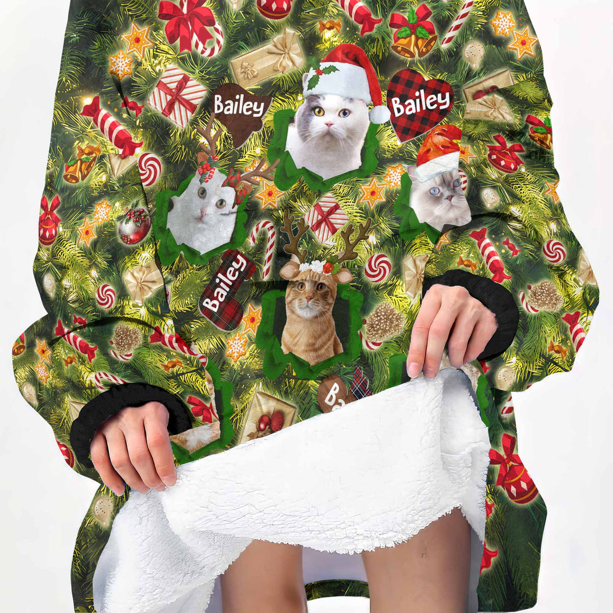 Personalized Face & Name Santa Cat Snug Oversized Wearable Hoodie Blanket