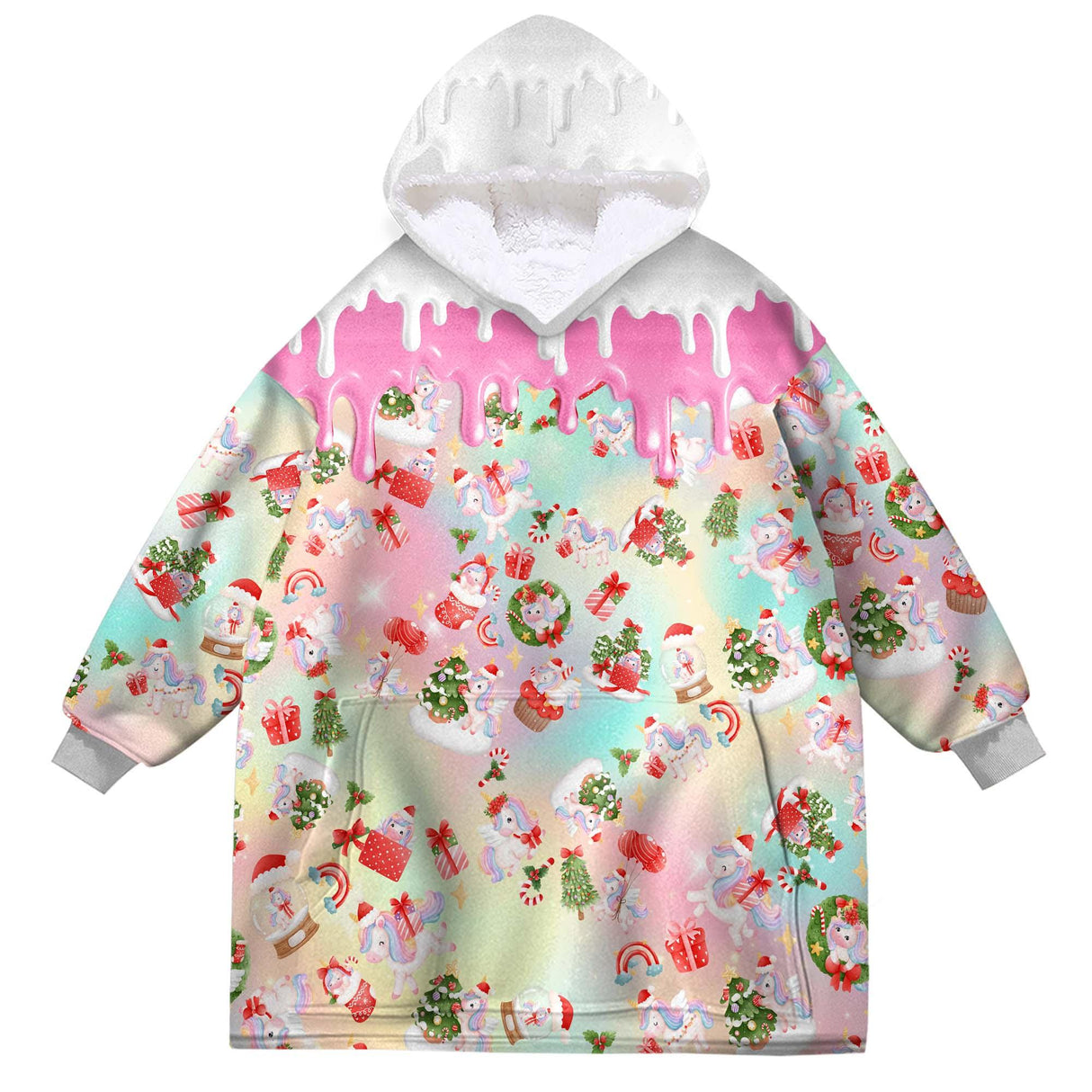 Personalized Pink Cream Christmas Unicorn Snug Oversized Wearable Hoodie Blanket