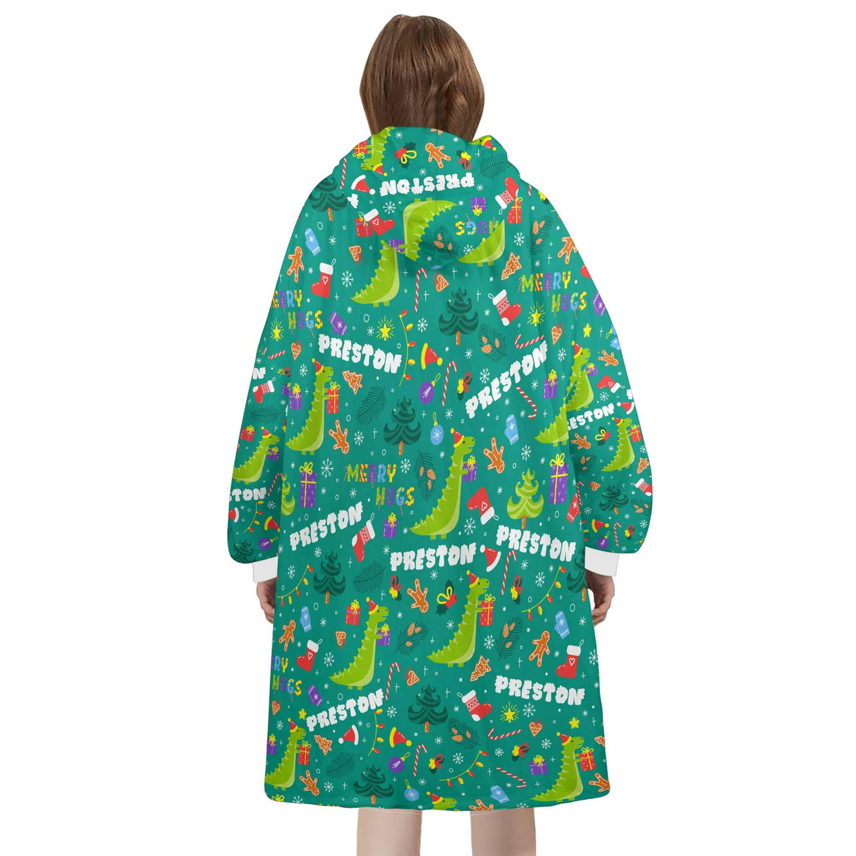 Personalized Christmas Dino Snug Oversized Wearable Hoodie Blanket