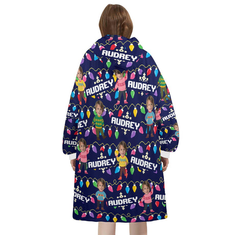 Personalized Face & Name Christmas Light Snug Oversized Wearable Hoodie Blanket