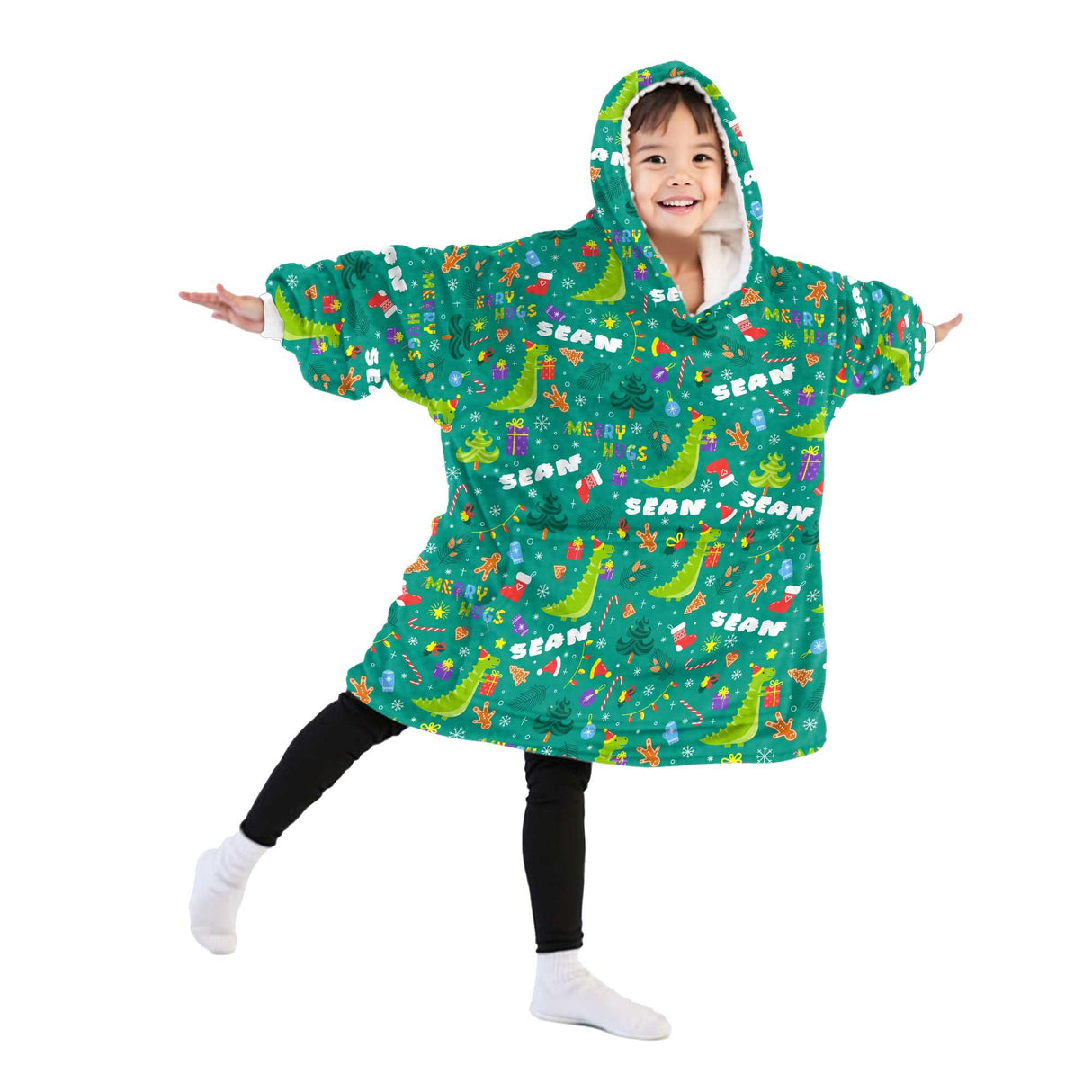 Personalized Christmas Dino Snug Oversized Wearable Hoodie Blanket