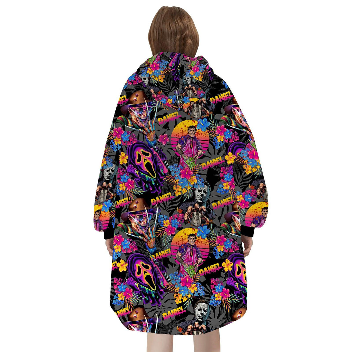 Custom Personalized Halloween Spooky Movie Vibes Floral Snug Oversized Wearable Hoodie Blanket