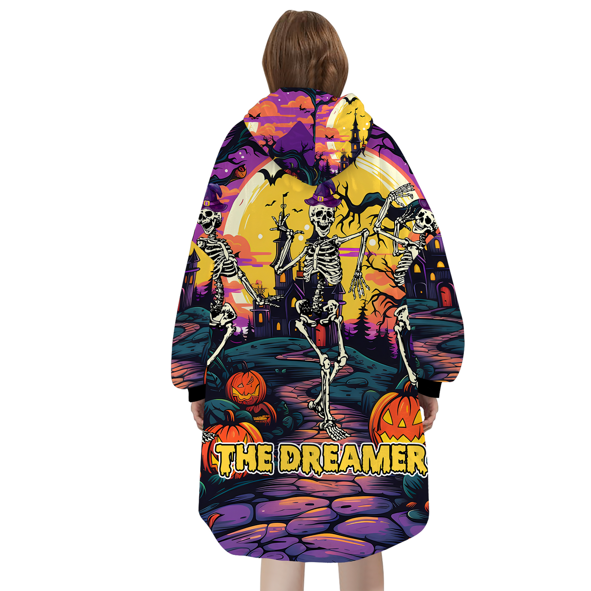 Personalized Snug Oversized Sherpa Wearable The Dreamer Skeleton Halloween Hoodie Blanket
