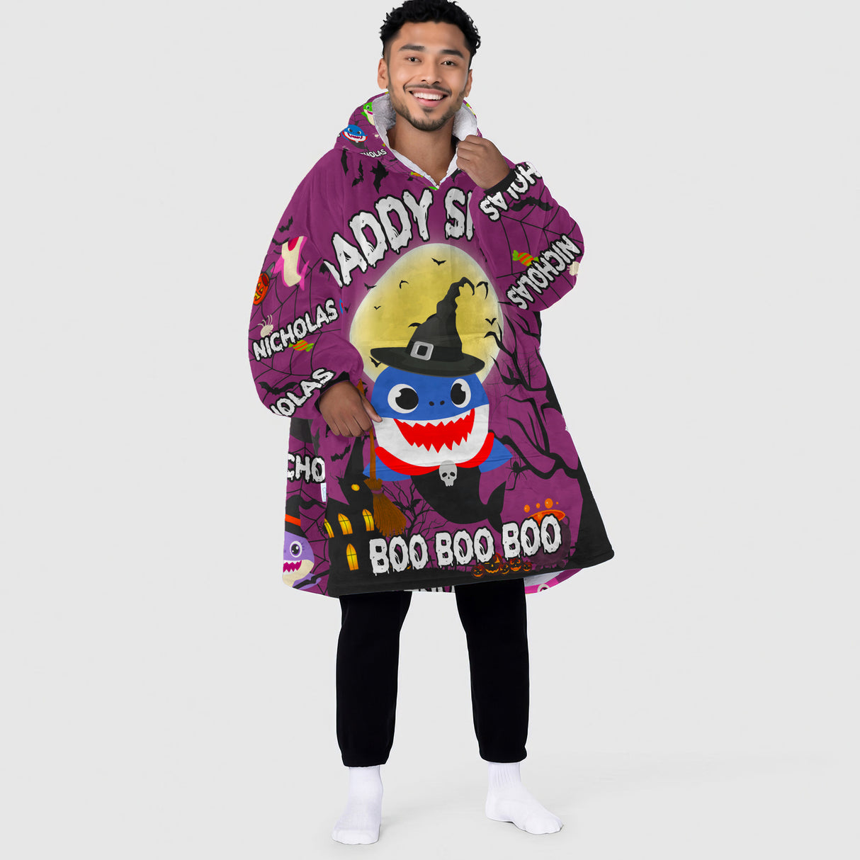 Personalized Snug Oversized Sherpa Wearable Daddy Shark Halloween Boo Boo Boo Hoodie Blanket