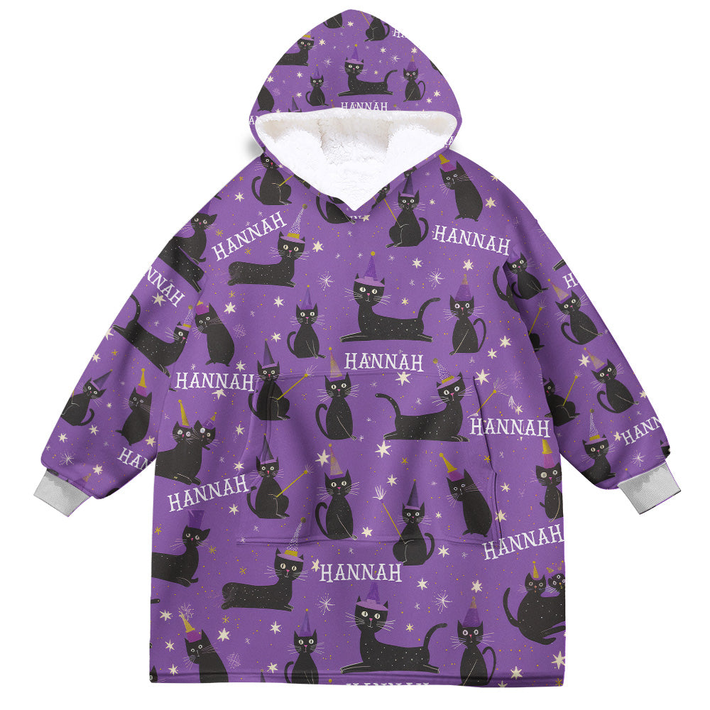 Personalized Snug Oversized Sherpa Wearable Black Cat Purple Hoodie Blanket