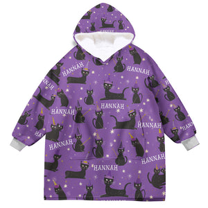 Personalized Snug Oversized Sherpa Wearable Black Cat Purple Hoodie Blanket