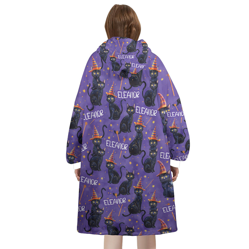 Personalized Snug Oversized Sherpa Wearable Black Cat Witch Hoodie Blanket