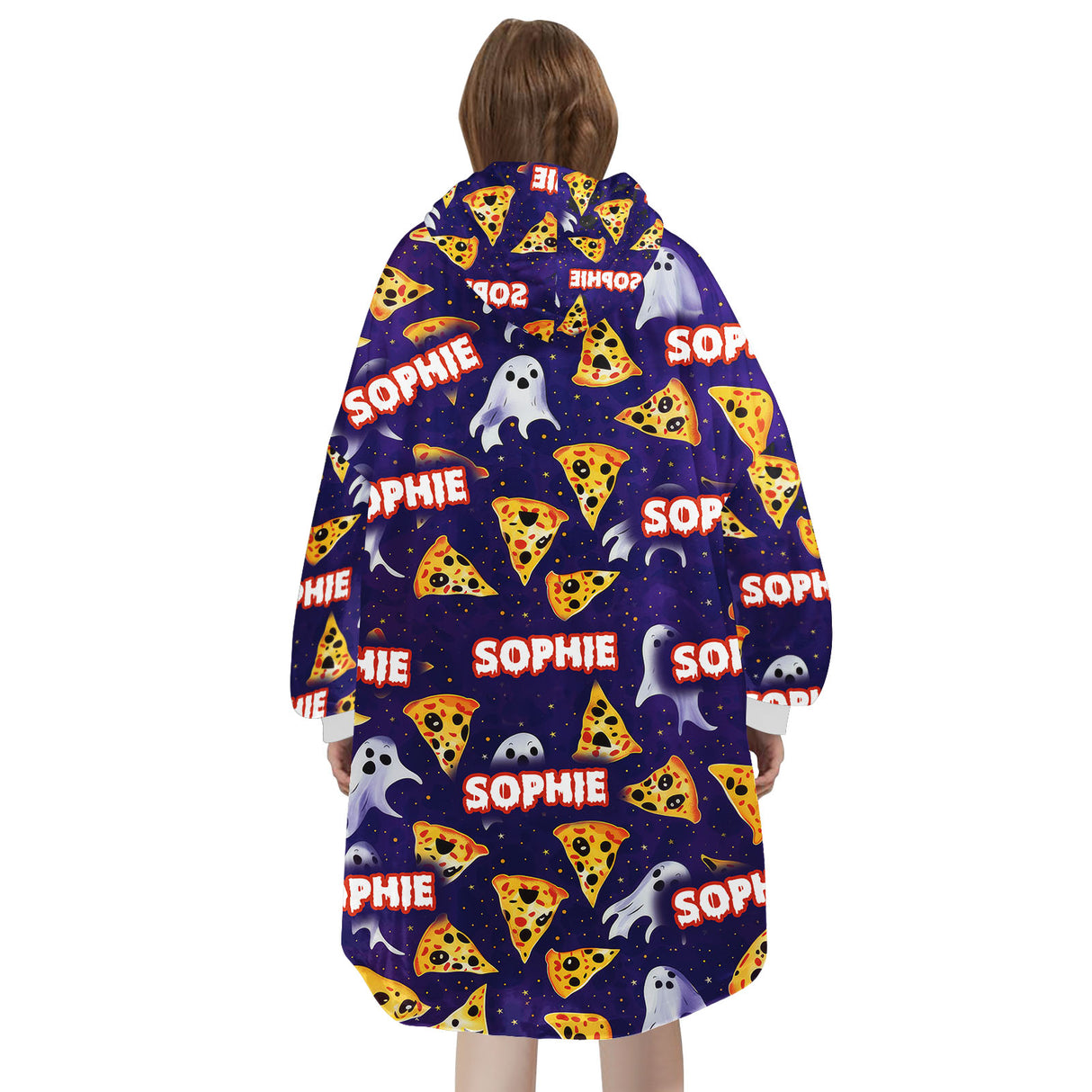 Personalized Snug Sherpa Oversized Wearable Pizza Ghosts Adventure Halloween Hoodie Blanket