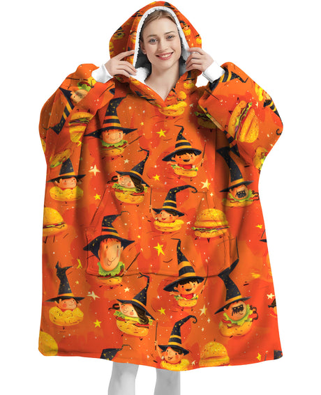 Personalized Snug Sherpa Oversized Wearable Burger Food In Wizard Hats Halloween Hoodie Blanket