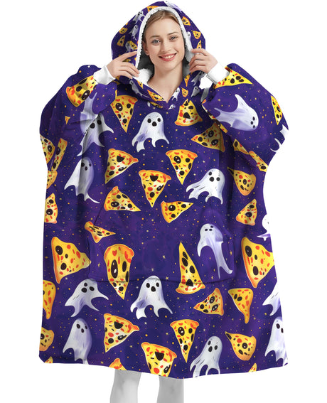 Personalized Snug Sherpa Oversized Wearable Pizza Ghosts Adventure Halloween Hoodie Blanket