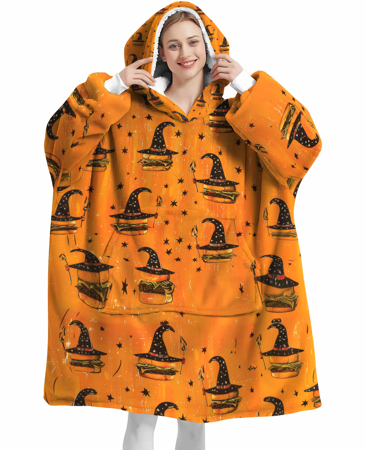 Personalized Snug Sherpa Oversized Wearable Burger In Wizard Hats Halloween Hoodie Blanket