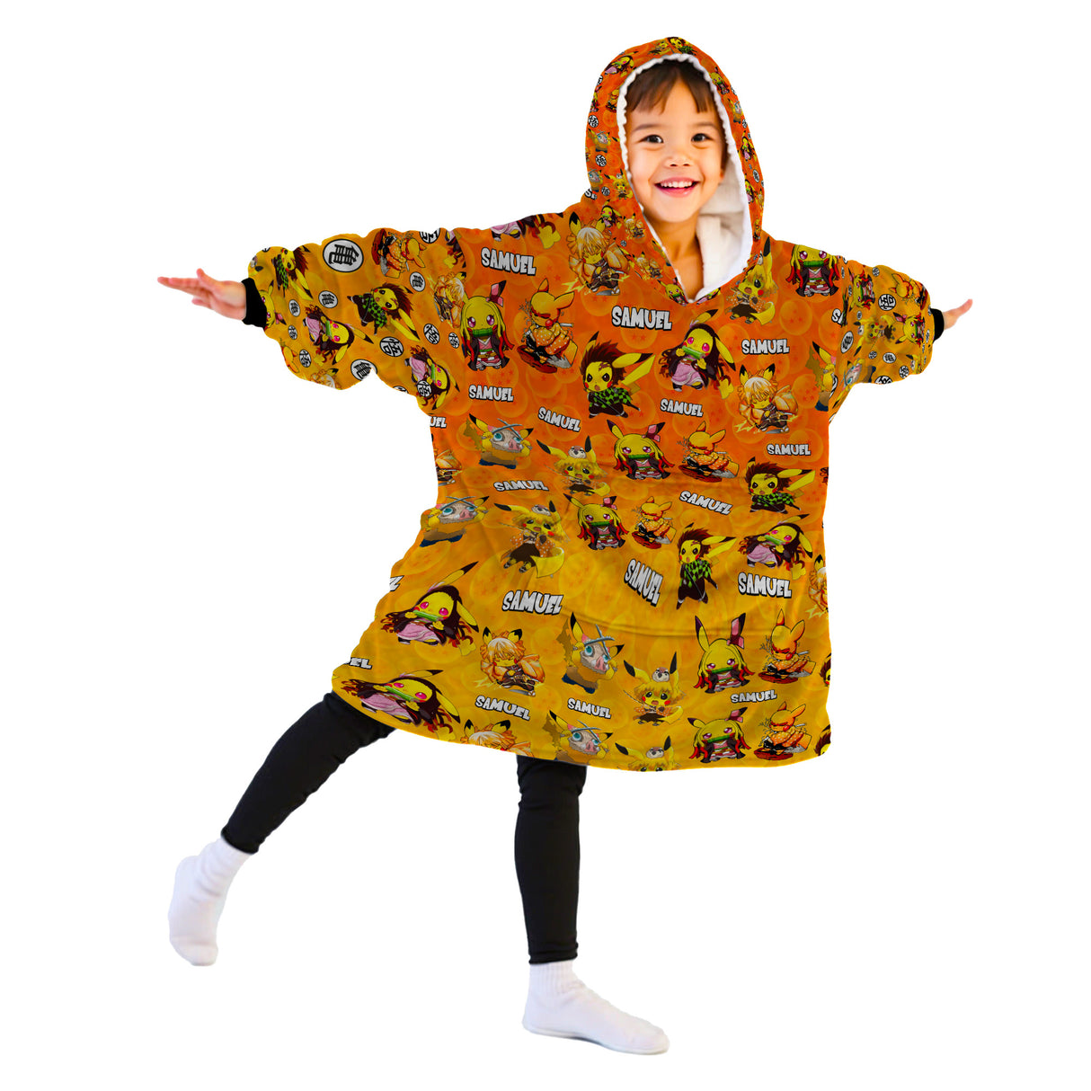 Personalized Snug Oversized Sherpa Wearable Pikachu Demon Anime Hoodie Blanket
