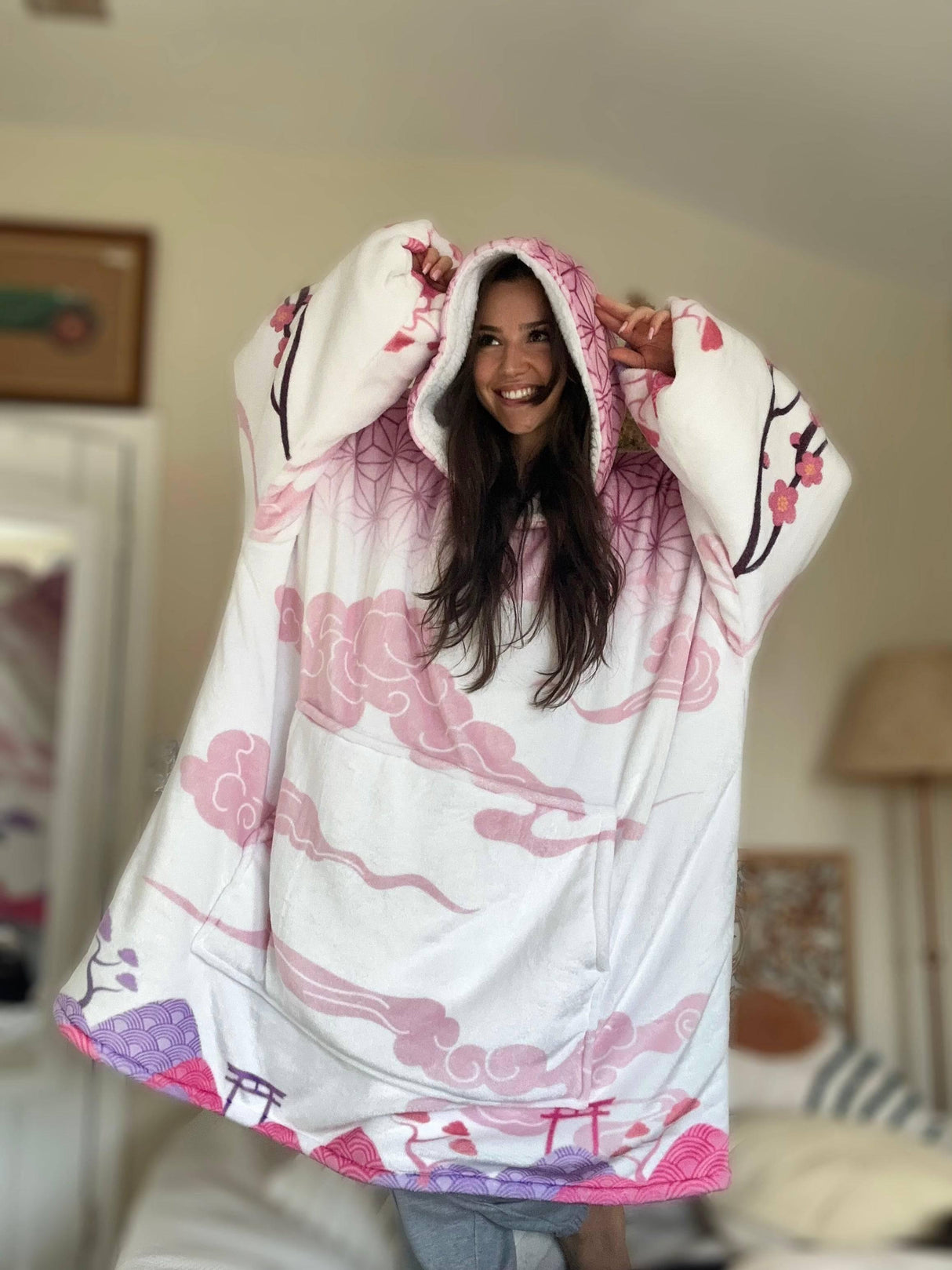 Personalizable Custom Nezko Kimono Anime Oversized Sherpa Hoodie Blanket