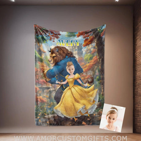 Personalized Belle 3 Photo Blanket | Custom Name & Face Girl Princess Blanket