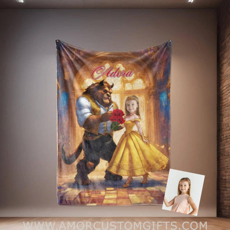 Personalized Belle 4 Photo Blanket | Custom Name & Face Girl Princess Blanket