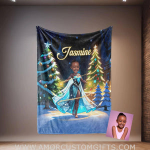 Personalized Black Elsa Frozen Photo Blanket | Custom American African Snow Queen Princess