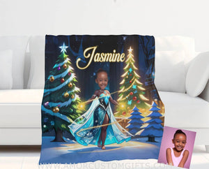 Personalized Black Elsa Frozen Photo Blanket | Custom American African Snow Queen Princess