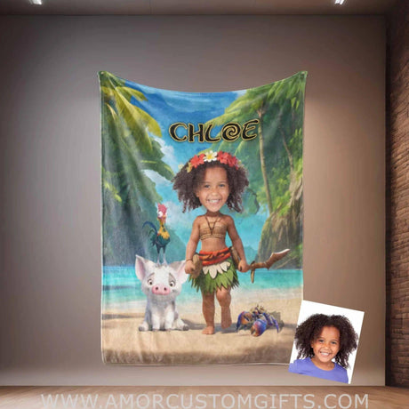 Personalized Black Moana Princess 2 Photo Blanket | Custom Name & Face Girl Princess Blanket