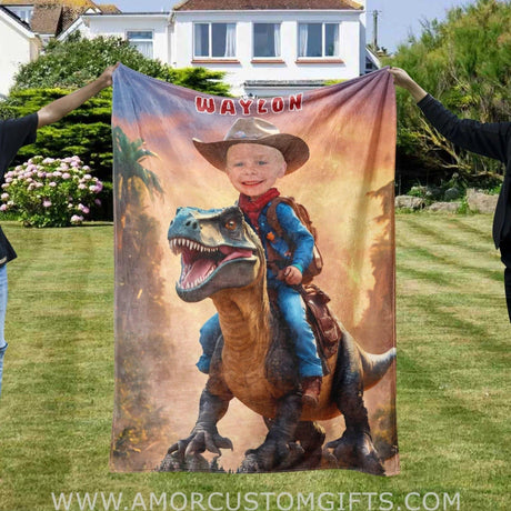 Personalized Cowboy Dino Blanket | Custom Dinosaur Blanket