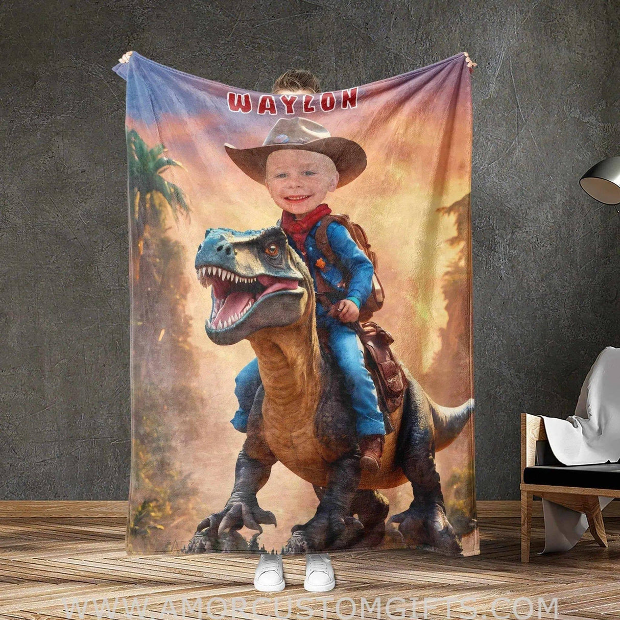 Personalized Cowboy Dino Blanket | Custom Dinosaur Blanket