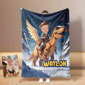 Personalized Cowboy Dino Fly With Wings Blanket | Custom Blanket For Baby Boys