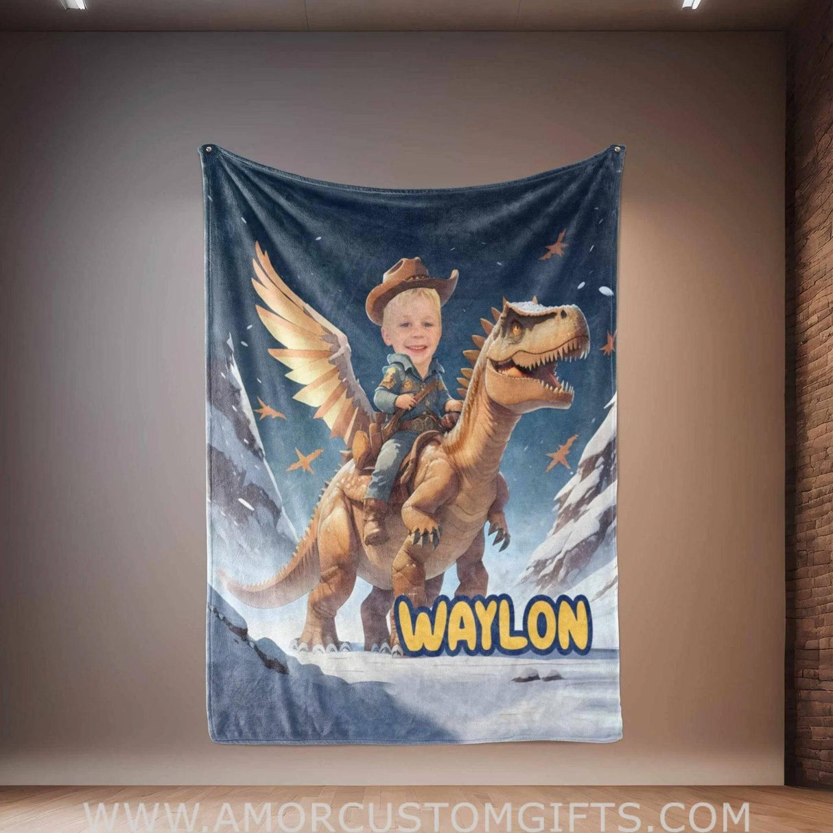 Personalized Cowboy Dino Fly With Wings Blanket | Custom Blanket For Baby Boys