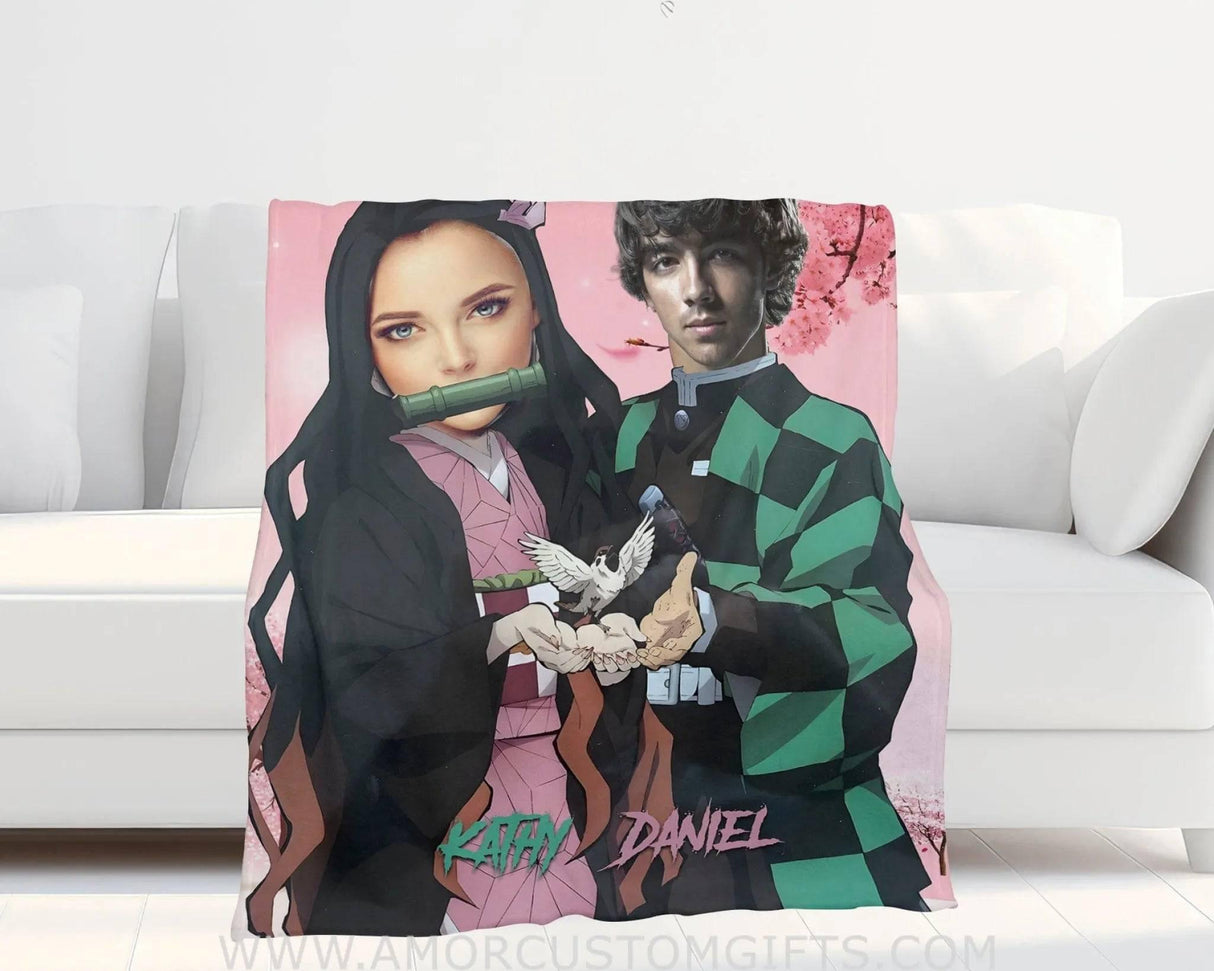 Personalized Demon Slayer Couple Blanket | Custom Couple Blanket