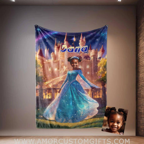 Personalized Fairy Tale Elsa Princess 14 Black African American Blanket | Custom Name & Face Girl Princess Blanket