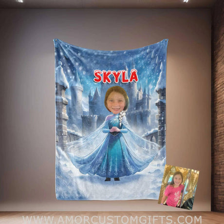 Personalized Fairy Tale Elsa Princess 7 Photo Blanket | Custom Name & Face Girl Princess Blanket