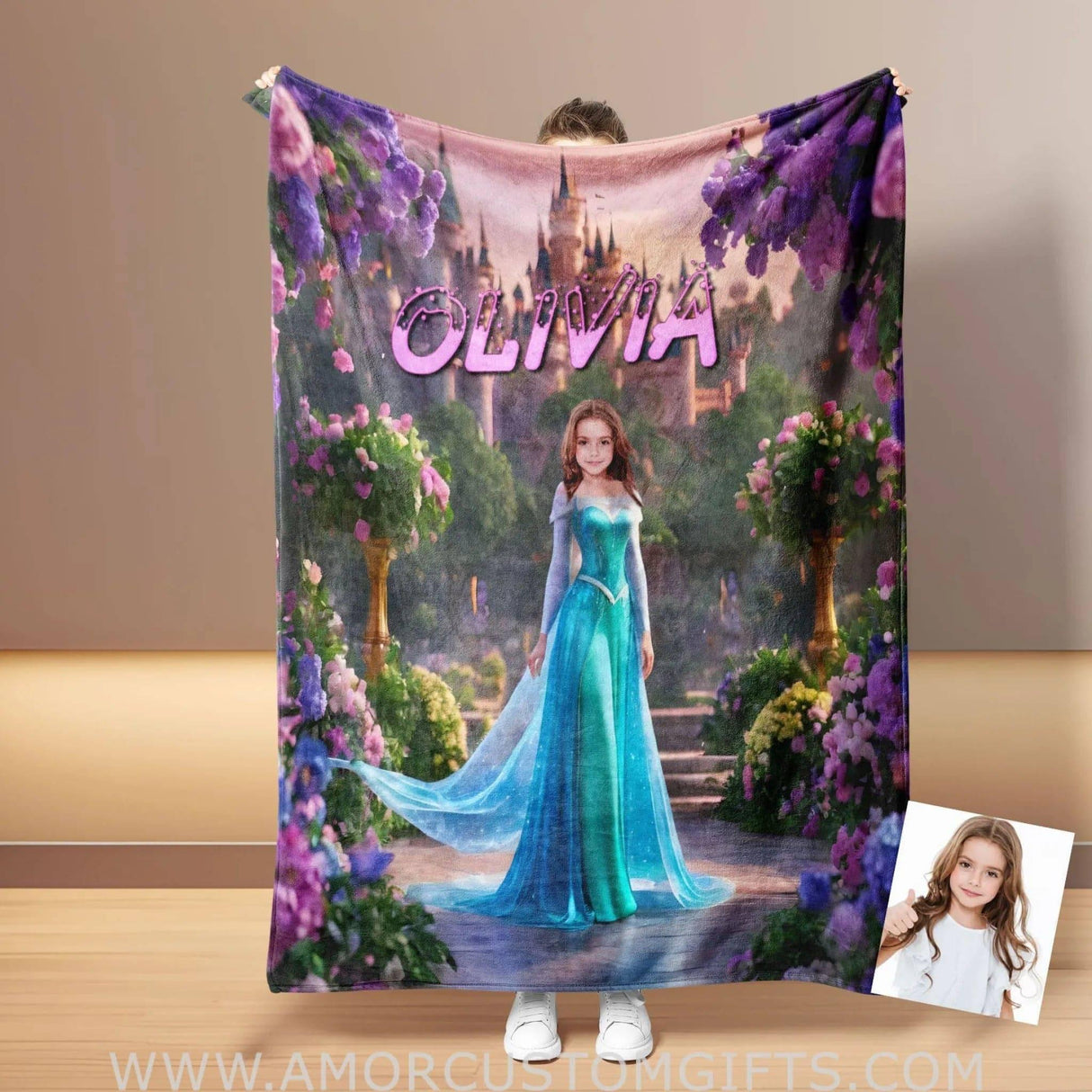 Personalized Fairy Tale Elsa Princess In Violet Garden Blanket | Custom Name & Face Girl Princess Blanket