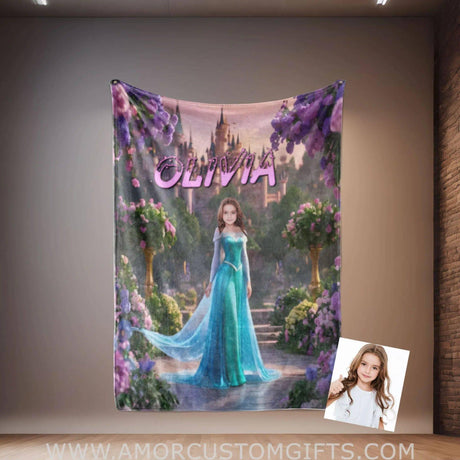 Personalized Fairy Tale Elsa Princess In Violet Garden Blanket | Custom Name & Face Girl Princess Blanket