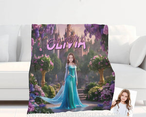 Personalized Fairy Tale Elsa Princess In Violet Garden Blanket | Custom Name & Face Girl Princess Blanket