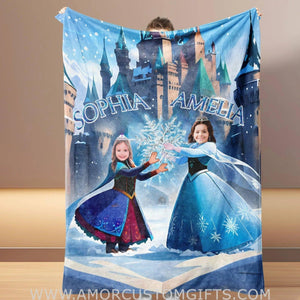 Personalized Fairy Tale Frozen Sisters Elsa Princess 2 Blanket | Custom Name & Face Girl Princess Blanket